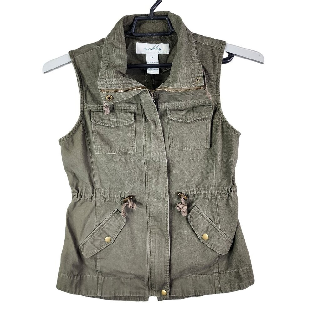 Womens Olive Green Sebby Sleeveless Utility Vest Pockets & Drawstring Waist S